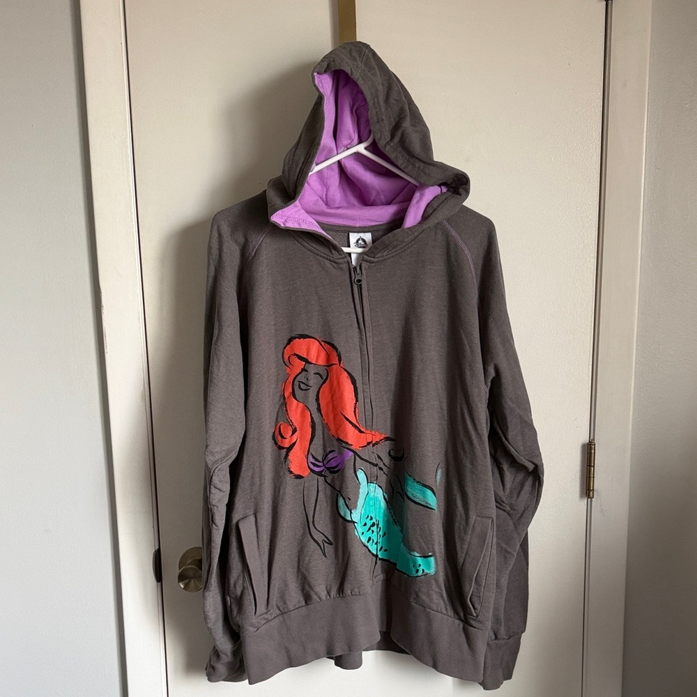 Disney Gray Hooded Sweatshirt with Purple Lining and Ariel Graphic